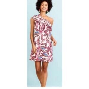 J.Crew Dress Linen Blend One Shoulder Leaf Print Dress Sz L